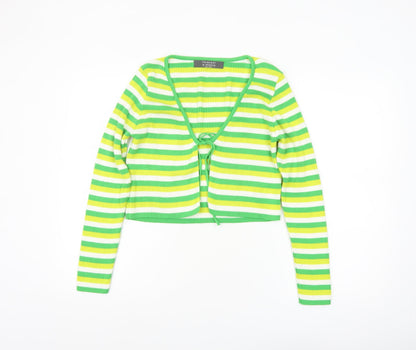 Primark Women Green Yellow Striped Cardigan M Acrylic Long Sleeve