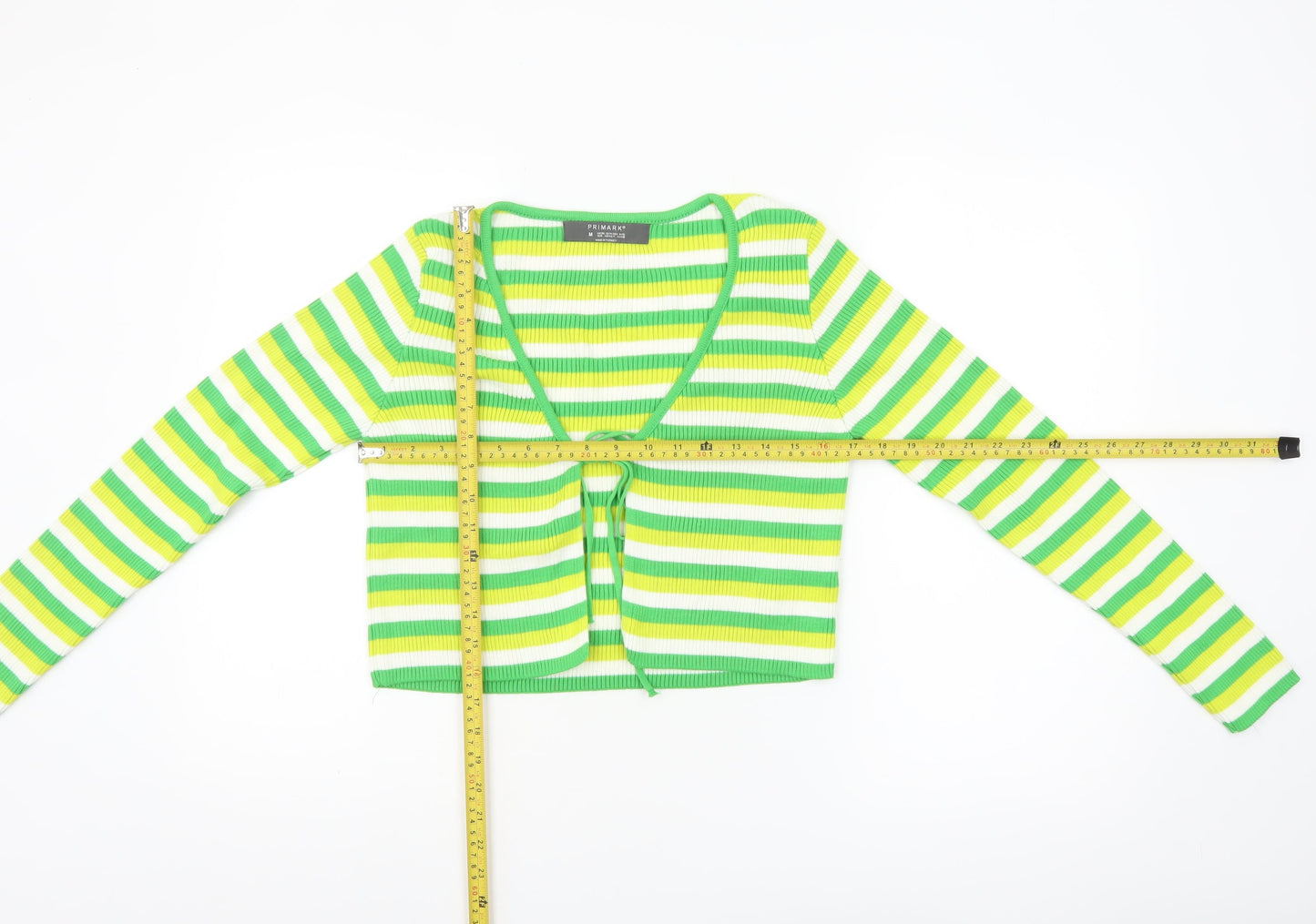 Primark Women Green Yellow Striped Cardigan M Acrylic Long Sleeve
