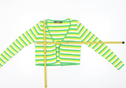 Primark Women Green Yellow Striped Cardigan M Acrylic Long Sleeve