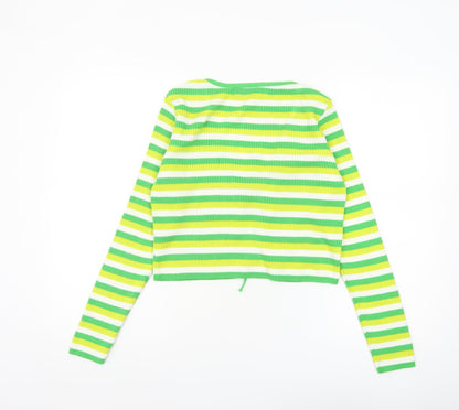 Primark Women Green Yellow Striped Cardigan M Acrylic Long Sleeve