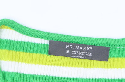 Primark Women Green Yellow Striped Cardigan M Acrylic Long Sleeve