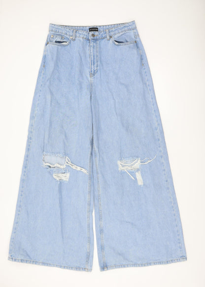 PrettyLittleThing Women’s Blue Wide-Leg Distressed High-Rise Jeans Size 12