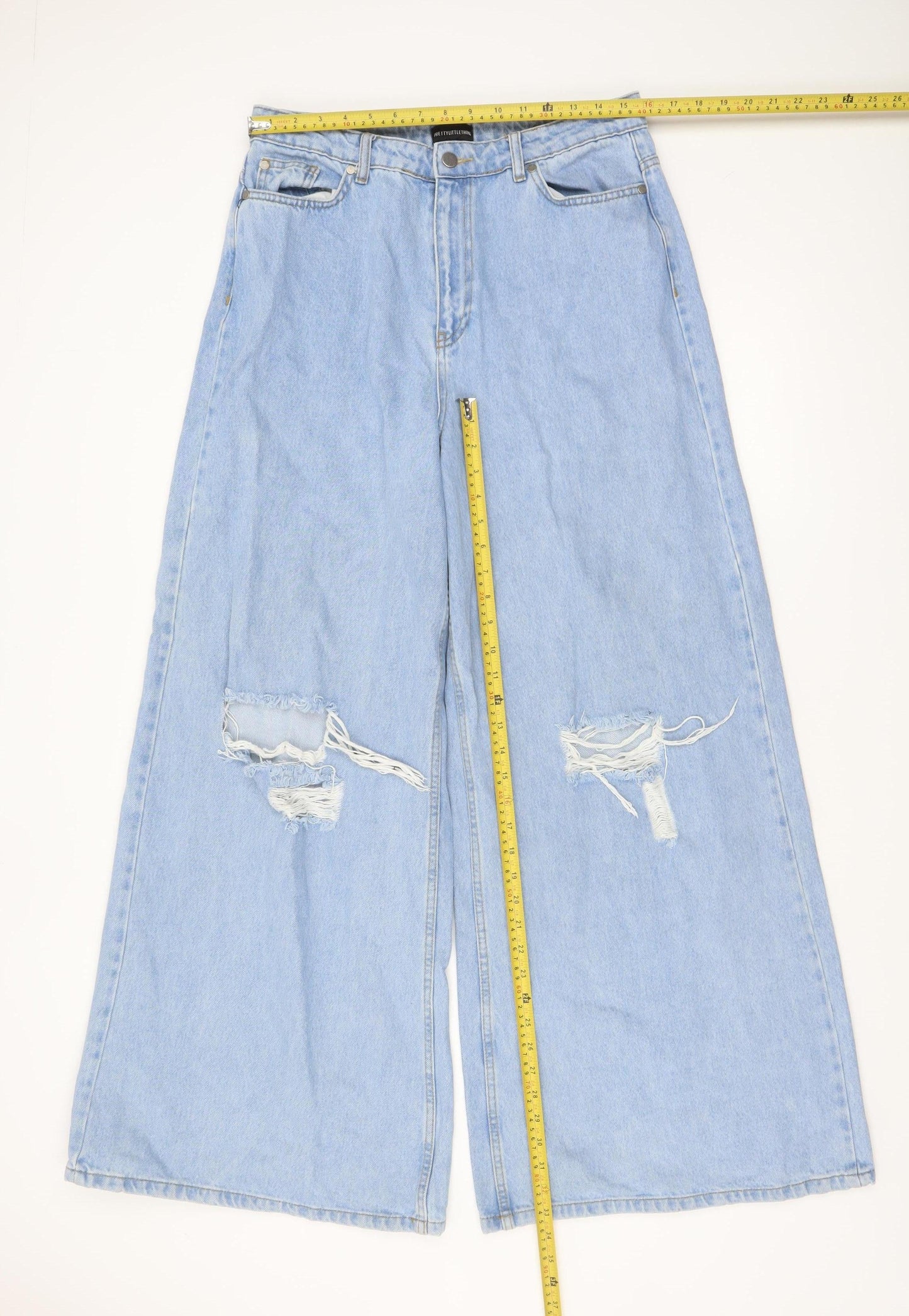 PrettyLittleThing Women’s Blue Wide-Leg Distressed High-Rise Jeans Size 12