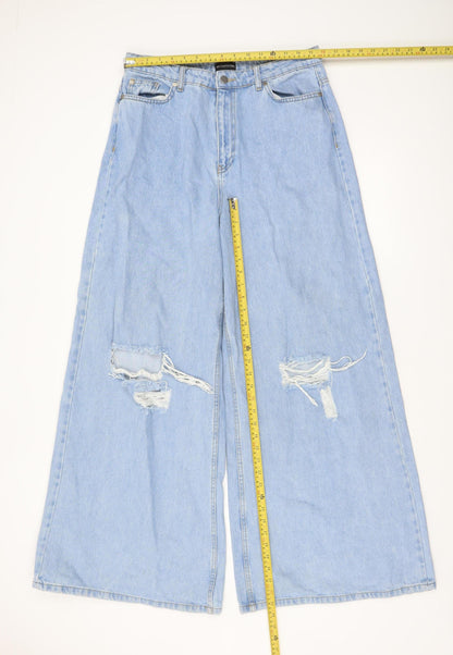 PrettyLittleThing Women’s Blue Wide-Leg Distressed High-Rise Jeans Size 12