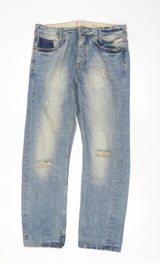 River Island Men's Blue Straight Distressed Jeans Size 32x32