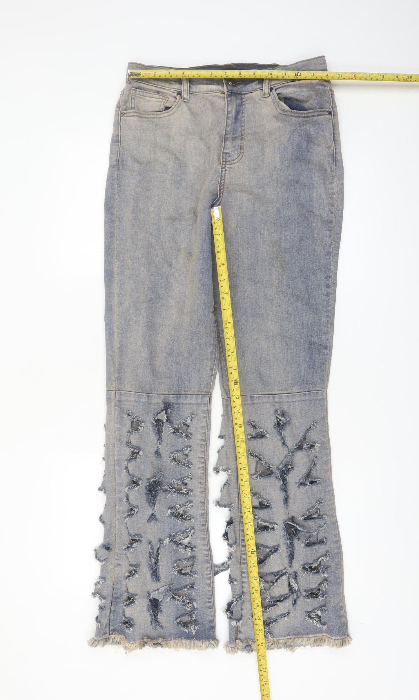 PrettyLittleThing Women’s Blue Flared Distressed Denim Jeans Size 12