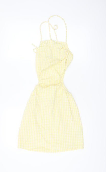 Bershka Women Yellow Check Cut Out Slip Dress Size S