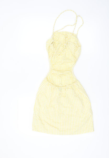 Bershka Women Yellow Check Cut Out Slip Dress Size S
