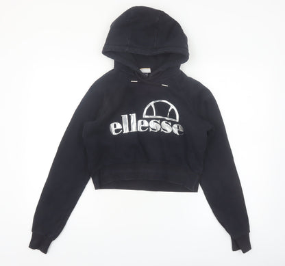 Ellesse Women's Black Crop Hoodie UK 8 Logo Pullover Sweatshirt