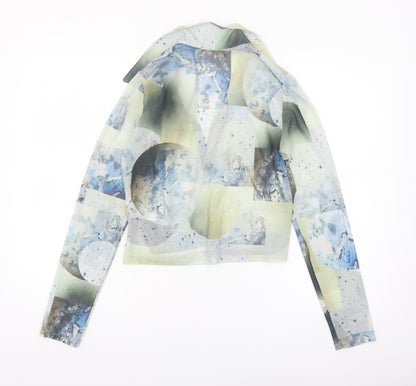 Monki Women Multicoloured Mesh Cropped Collared Long Sleeve Blouse M