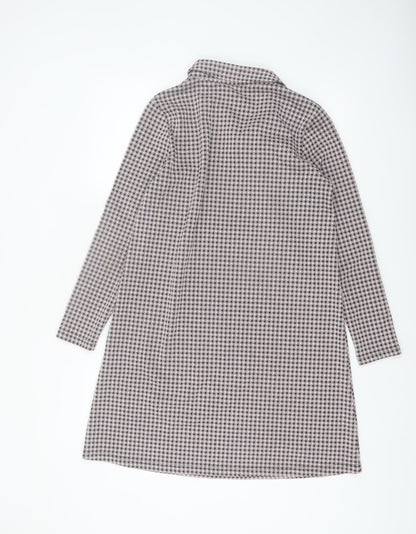 Monton Women Black & White Houndstooth Collared Long Sleeve Shift Dress UK10