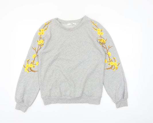 Find Women Grey Embroidered Floral Pullover Sweatshirt XS