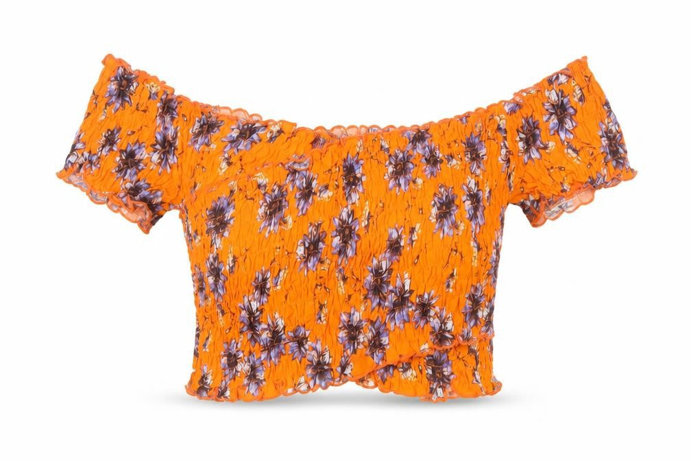 Topshop Women’s Orange Floral Cropped Off Shoulder Cotton Blouse Size 10