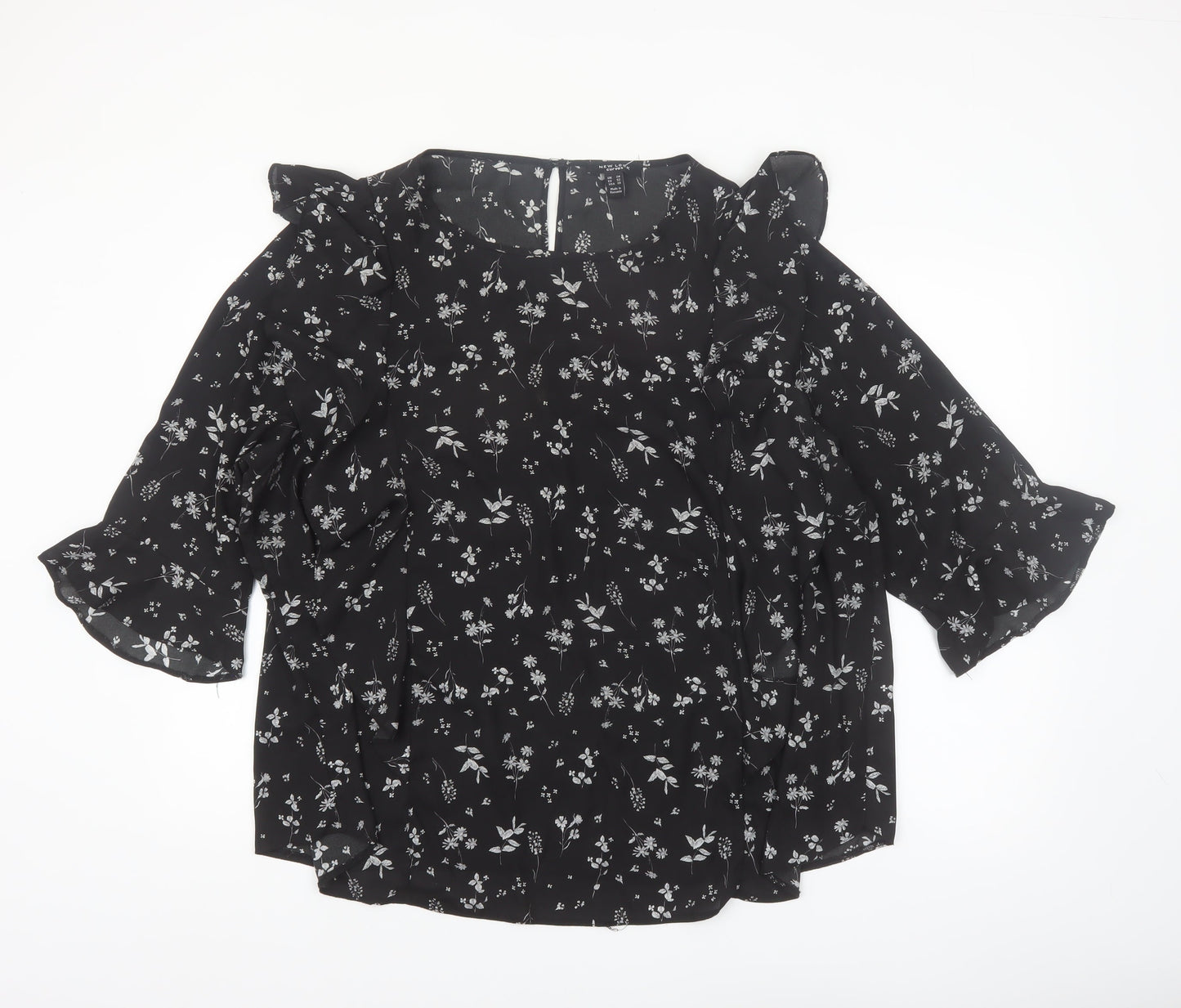 New Look Women Black Floral Ruffle Blouse Size 24 Plus Chiffon Top