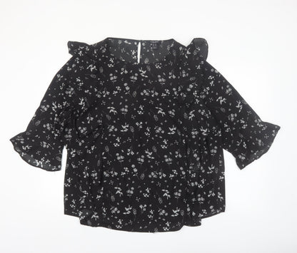 New Look Women Black Floral Ruffle Blouse Size 24 Plus Chiffon Top
