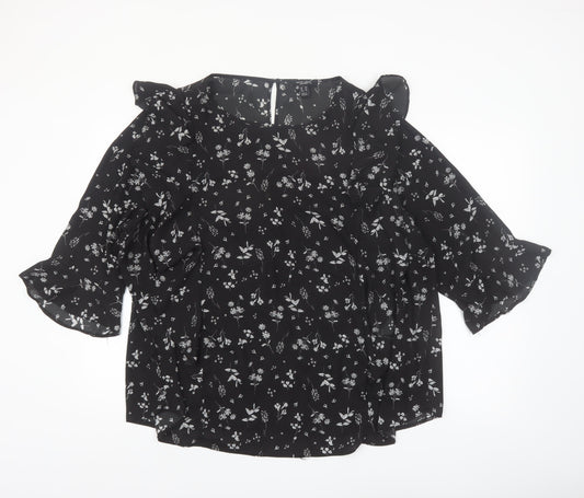 New Look Women Black Floral Ruffle Blouse Size 24 Plus Chiffon Top