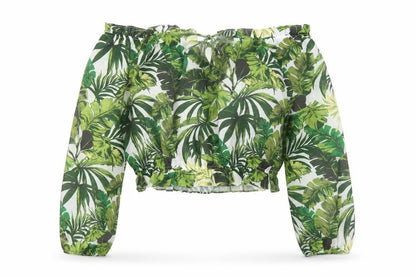 Guess Women's Green Tropical Cropped Off Shoulder Blouse Size L