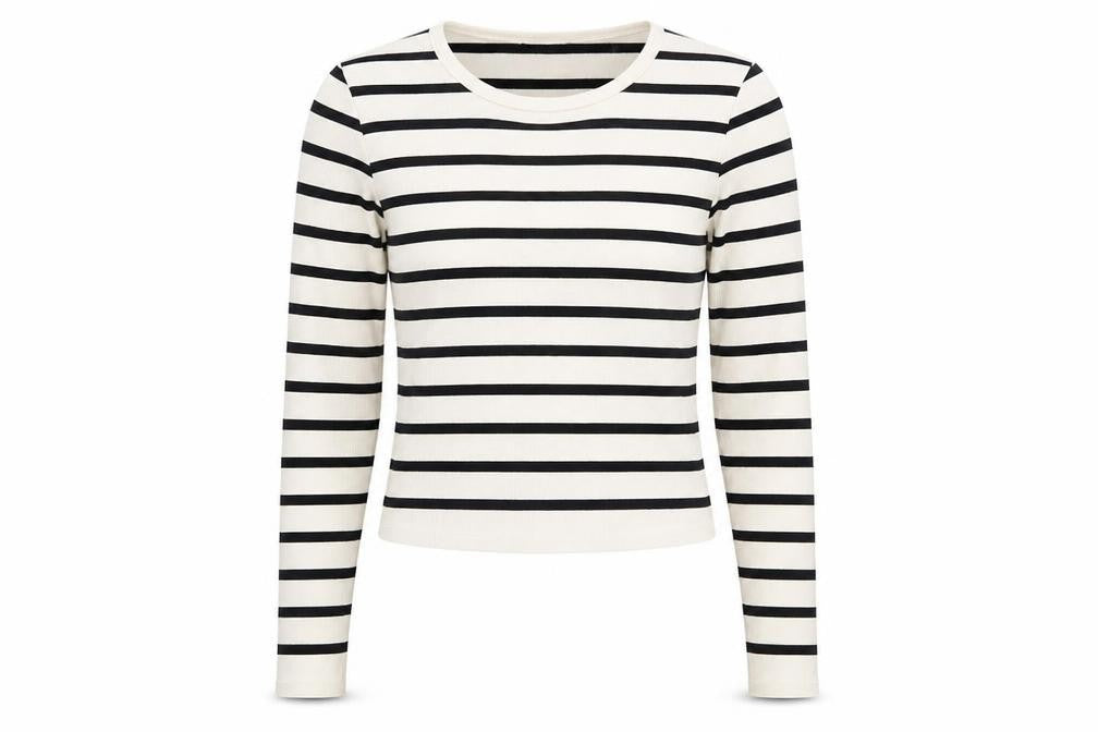 Dunnes Women's White Striped Long Sleeve Jersey T-Shirt Size M