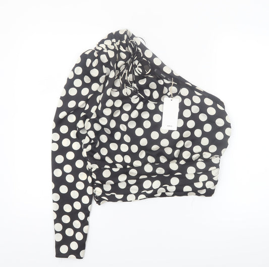 MNG Women Black Polka Dot One Shoulder Cropped Blouse Size 10