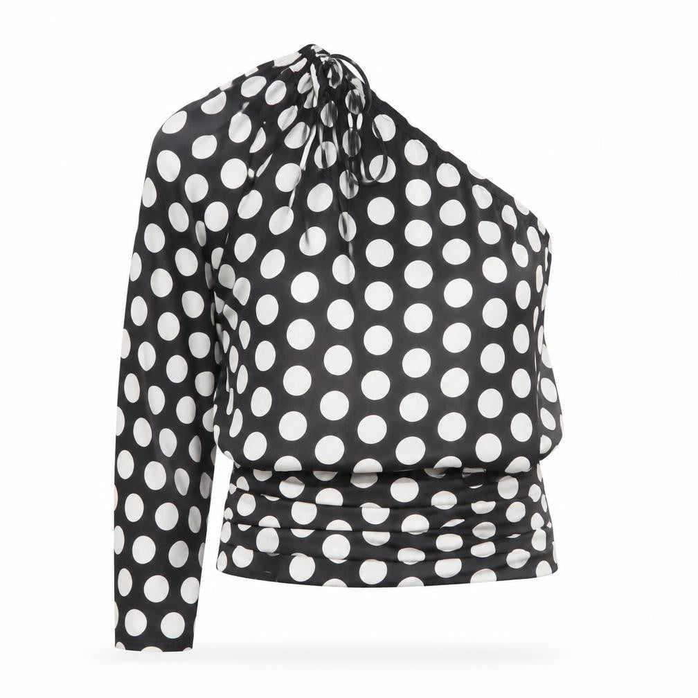 Mango Women Black Polka Dot One Shoulder Cropped Blouse Size 10