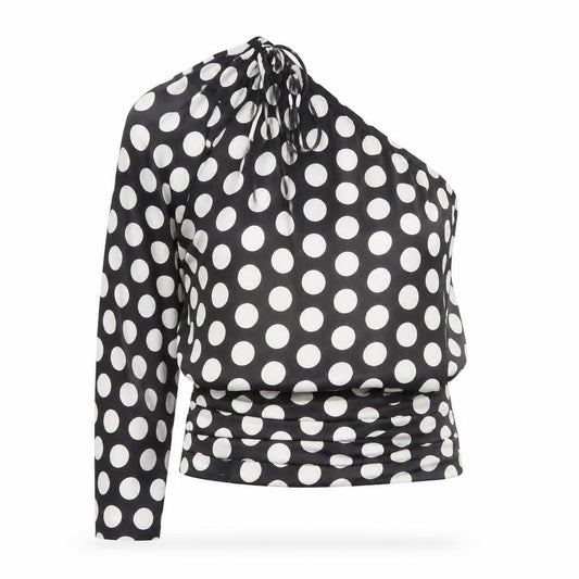 Mango Women Black Polka Dot One Shoulder Cropped Blouse Size 10