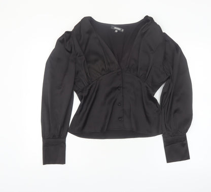 Missguided Women's Black Satin Wrap Blouse UK 10 Long Sleeve