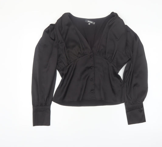 Missguided Women's Black Satin Wrap Blouse UK 10 Long Sleeve