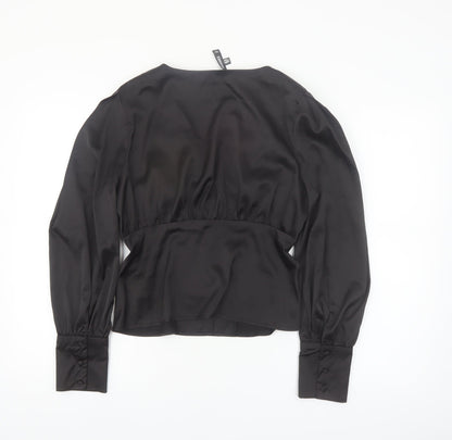 Missguided Women's Black Satin Wrap Blouse UK 10 Long Sleeve