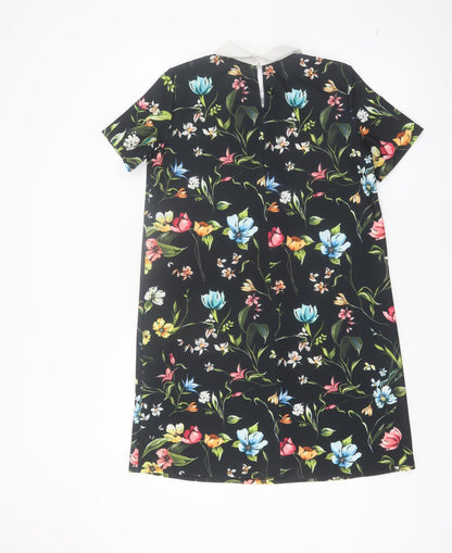 Zara Women Black Floral Collared Shift Dress Size 8