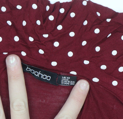 Boohoo Women's Red Polka Dot Wrap Dress Size 10 Short Sleeve V-Neck Ruffle