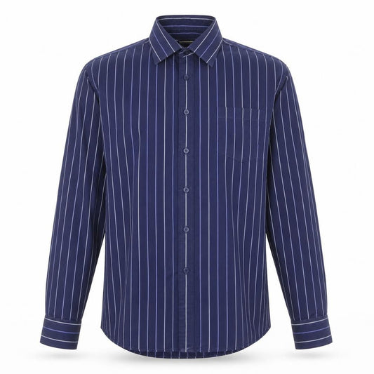 Front view of Dunnes Men's Blue Striped Long Sleeve Cotton Button-Up Shirt 17in