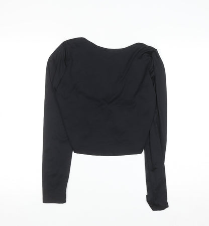 Bershka Women Black Cropped Long Sleeve Scoop Neck Top Size 14