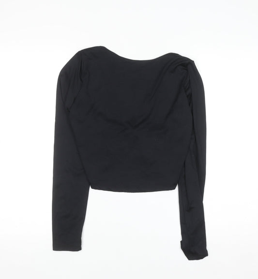 Bershka Women Black Cropped Long Sleeve Scoop Neck Top Size 14