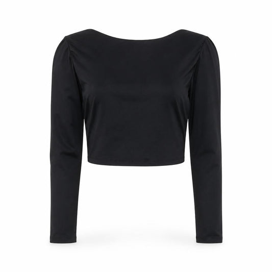 Bershka Women Black Cropped Long Sleeve Scoop Neck Top Size 14