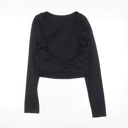 Bershka Women Black Cropped Long Sleeve Scoop Neck Top Size 14