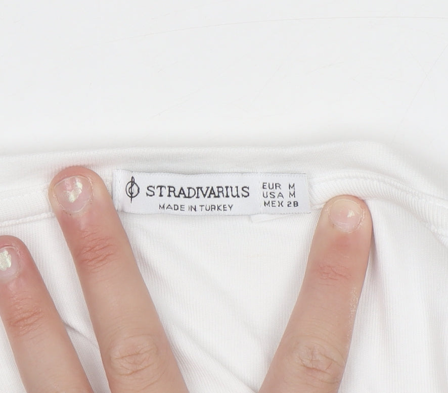 Stradivarius Women White Long Sleeve Basic Cotton T-Shirt Size 10
