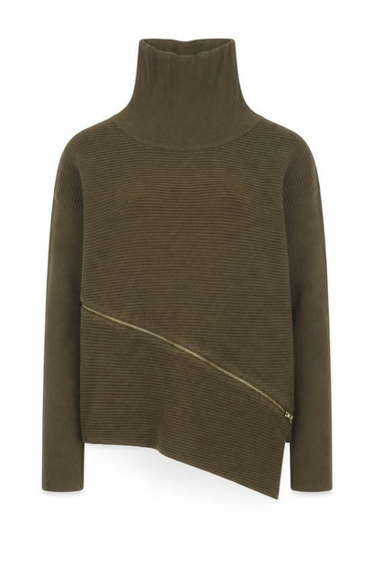River Island Women Brown Roll Neck Asymmetric Zip Jumper Size 8