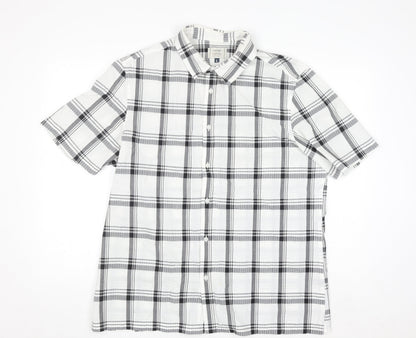 George Men's White Black Check Short Sleeve Cotton Blend Shirt Size L
