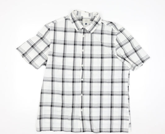 George Men's White Black Check Short Sleeve Cotton Blend Shirt Size L