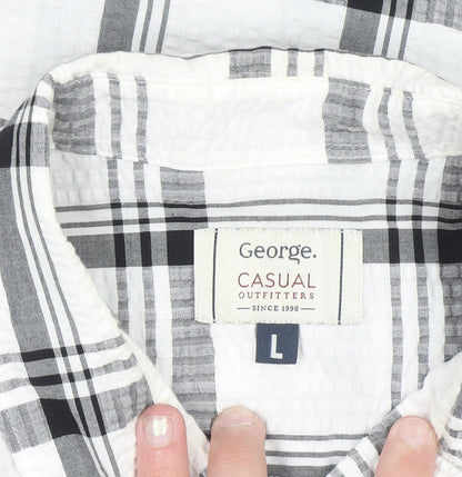 George Men's White Black Check Short Sleeve Cotton Blend Shirt Size L