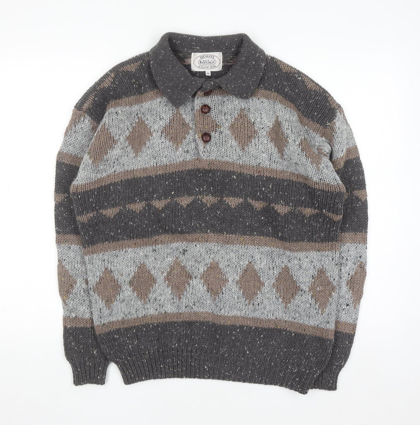 Men's Republic Men's Grey Wool Blend Argyle Henley Jumper Size S