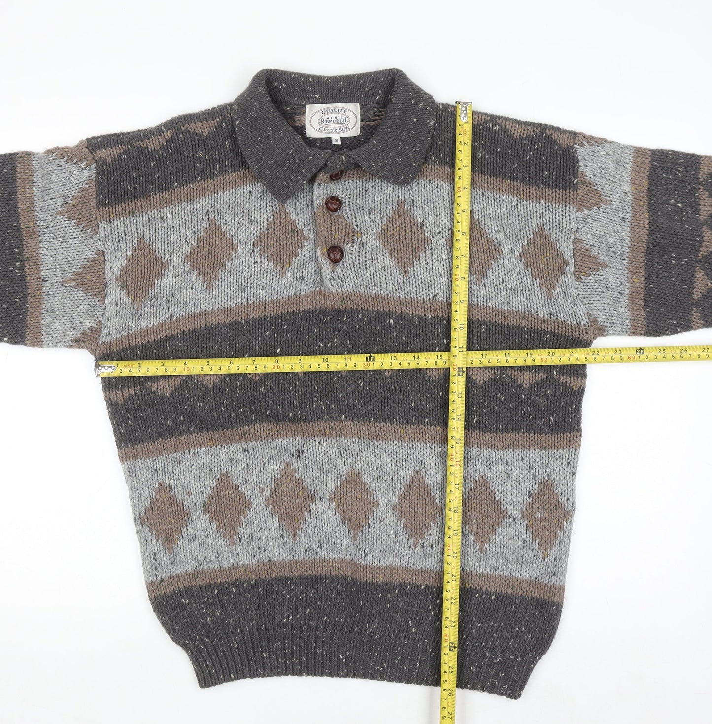 Men's Republic Men's Grey Wool Blend Argyle Henley Jumper Size S