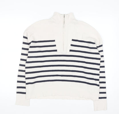 Brave Soul Men's White Striped Half Zip High Neck Jumper Size L