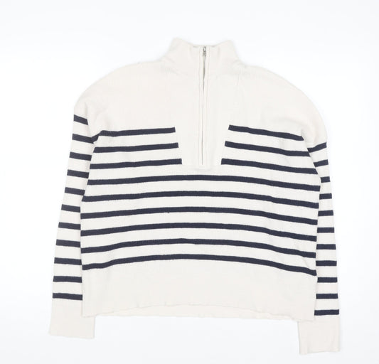 Brave Soul Men's White Striped Half Zip High Neck Jumper Size L