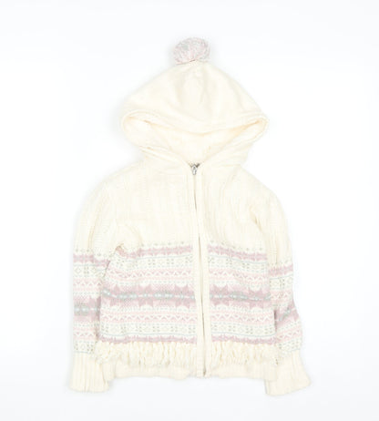 Nula Bug Girls Ivory Fair Isle Hooded Knit Jacket 3-4 Years Lined Zip Up