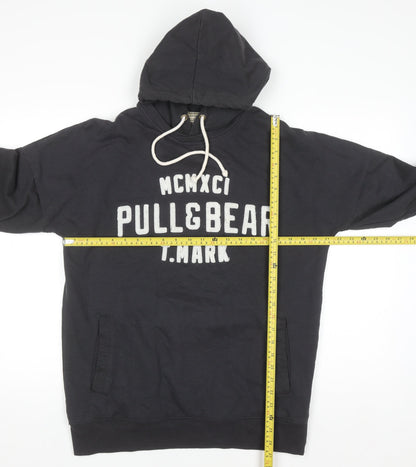 PULL&BEAR Men’s Black Pullover Hoodie L Logo Graphic Sweatshirt