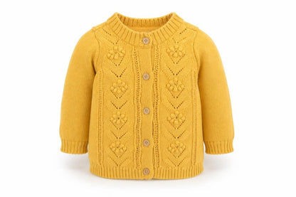 Front view of So Cute unisex baby yellow knit cotton button cardigan 12-18 months