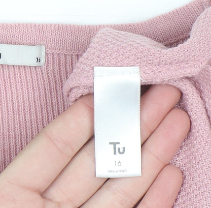 Tu Women Pink Acrylic Crew Neck 3/4 Sleeve Bow Jumper Size 16