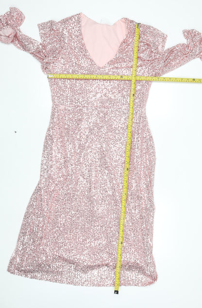 Savida Women’s Pink Sequin Fit & Flare Dress Size 16 Party V-Neck