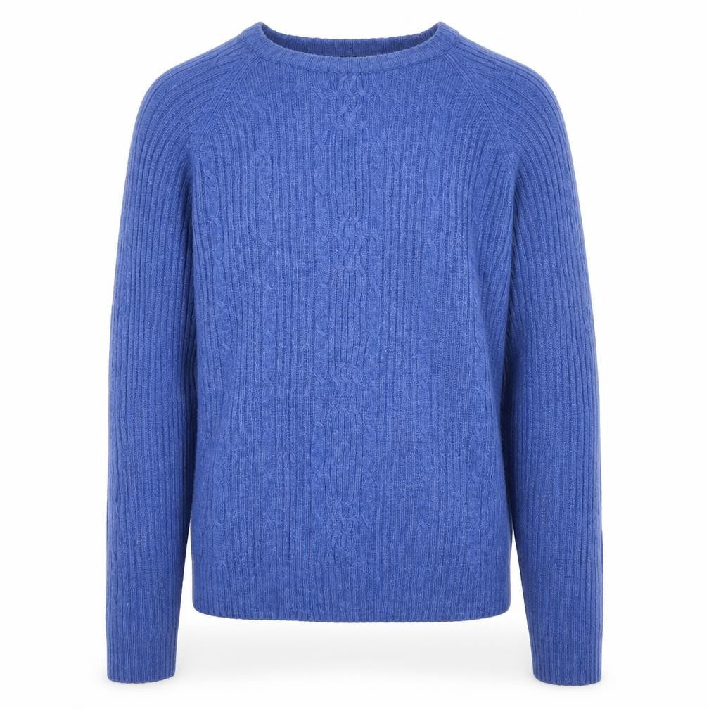 Academy Men's Blue Wool Blend Cable-Knit Crew Neck Jumper L